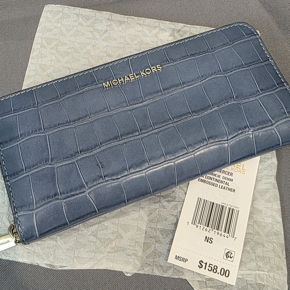 Michael Kors Navy Croc-Embossed Zip Wallet with Gold Logo